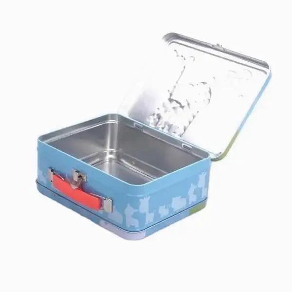 Custom logo promotional festival gift tin handle lunch tin box bag shape metal suitcase