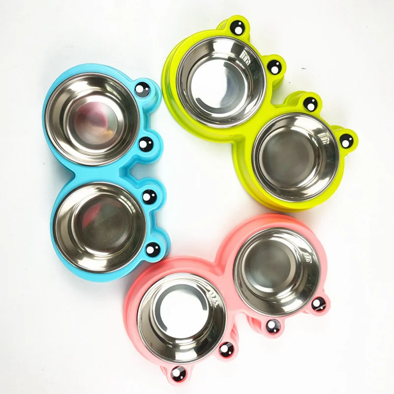 
Hot Selling Cartoon Frog Dog Bowl Non-slip And Leak-proof Stainless Steel Pet Double Bowl 
