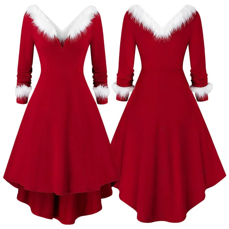 2022 Christmas Style Knitted Solid Color Long Sleeve V Fur Collar Christmas Dress Gown