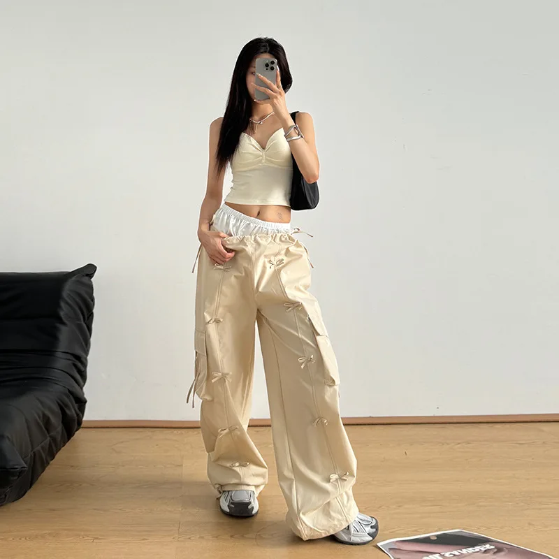 CNSHELL Contrast Color Stitching Overalls Bow Pocket Waist Strap Loose Straight Wide Leg Pants
