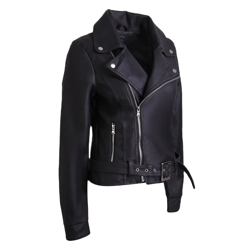 Pure Black Genuine Leather Jacket Winter Fashion Women Leather Jacket