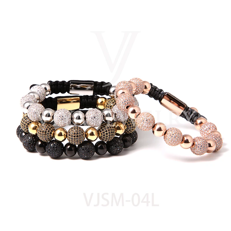 New Arrival Luxury Hand Jewelry 10mm Brass Bead Micro Zircon Pave Braided Men Beads Bracelet
