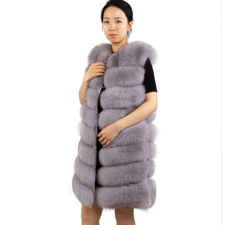 wholesale winter warm fluffy  90cm long dyed color girls fur gilet custom grey black beige pink real fox fur vest for women