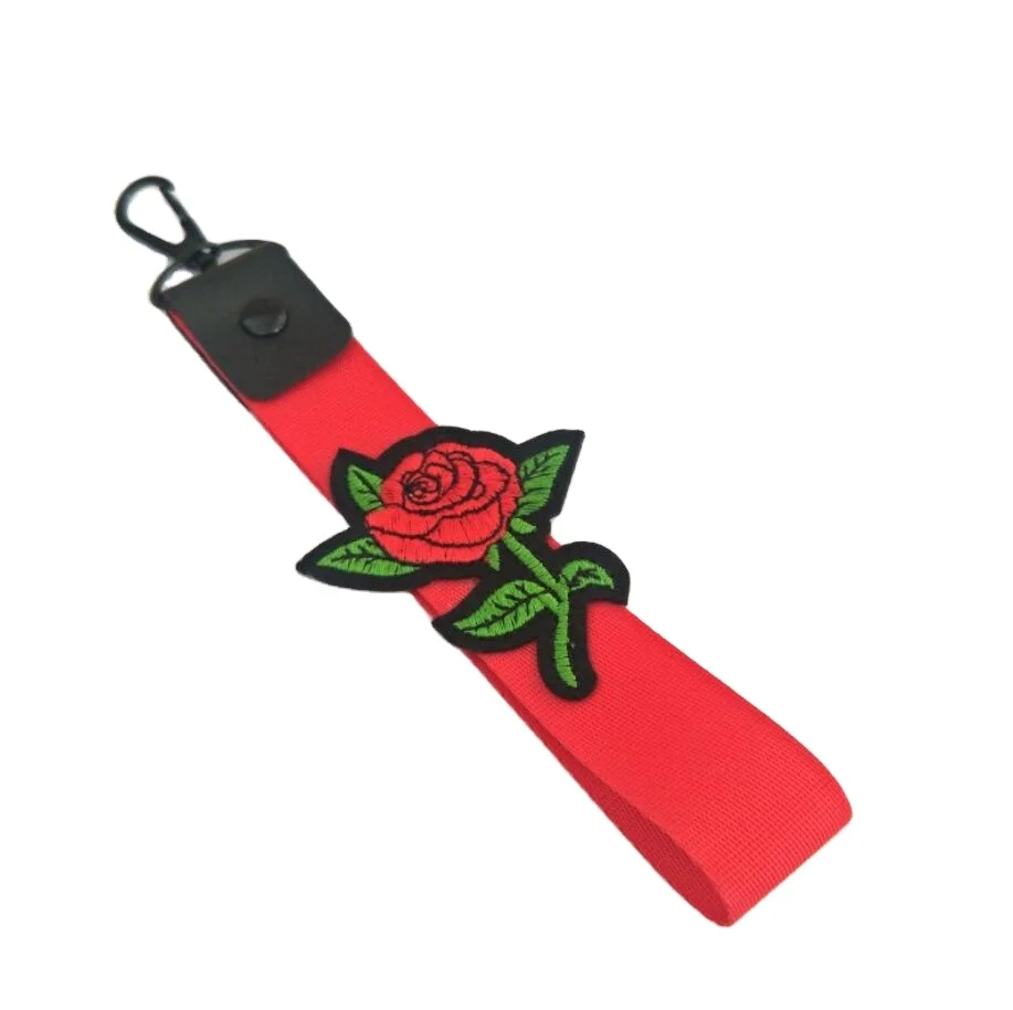Korean Rose Flower Floral Woven Ribbon Embroidery Mobile Phone Rope Keychain Pendant,DIY Mobile Phone Strap Accessories Lanyards