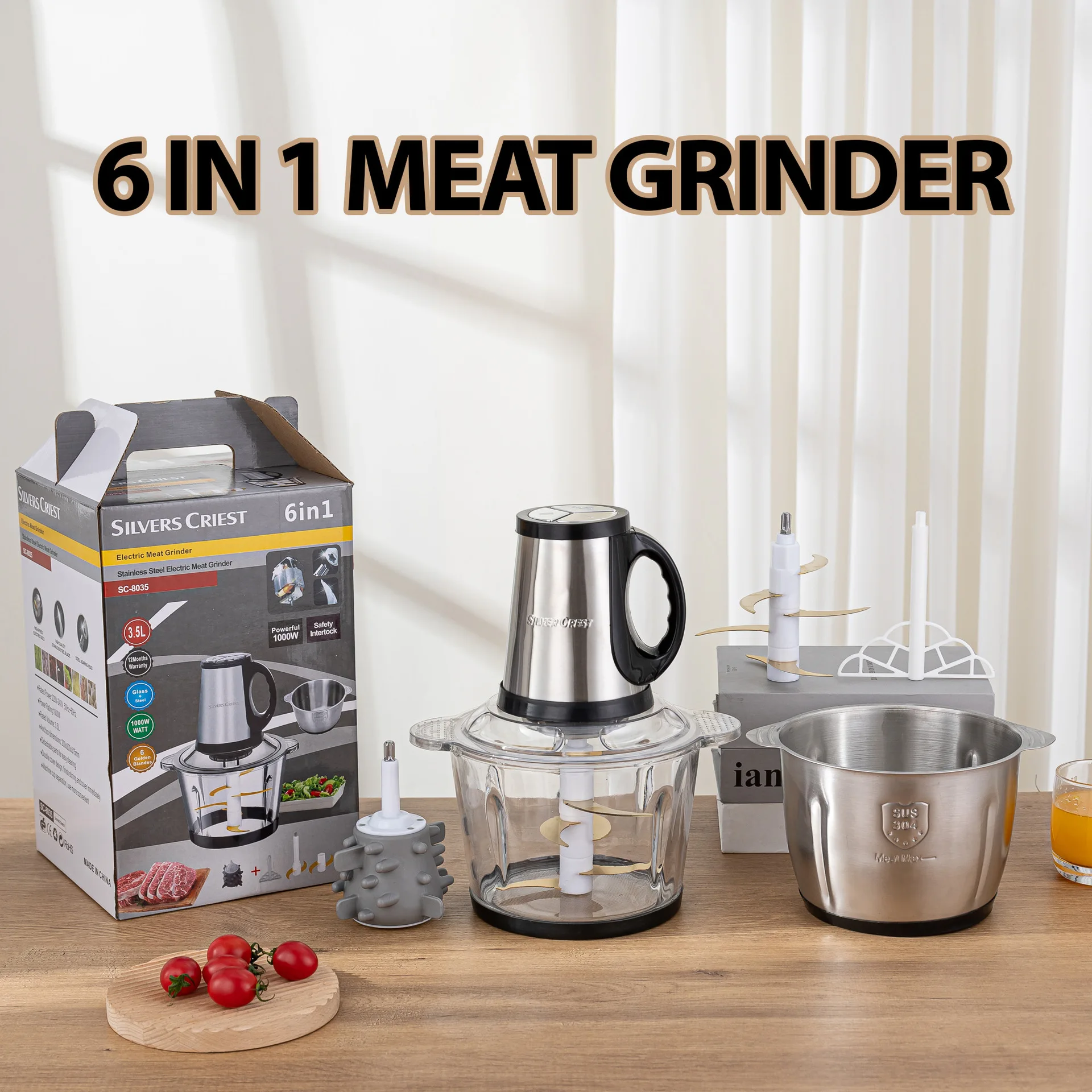 NEW Design Silver Crest 1000W 6 in 1 Kitchen Food Grinders Stainless Steel Meat Chopper Automatic 3.5L Electric Meat Grinder