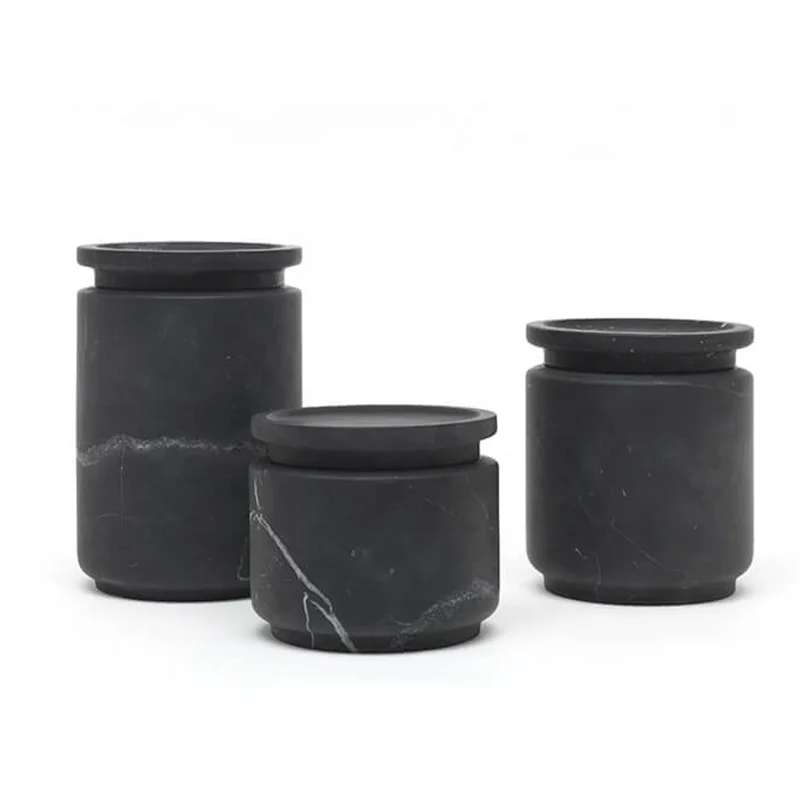 Large Round Arabescato White Marble Container Polished Round Marble Holder With Lids