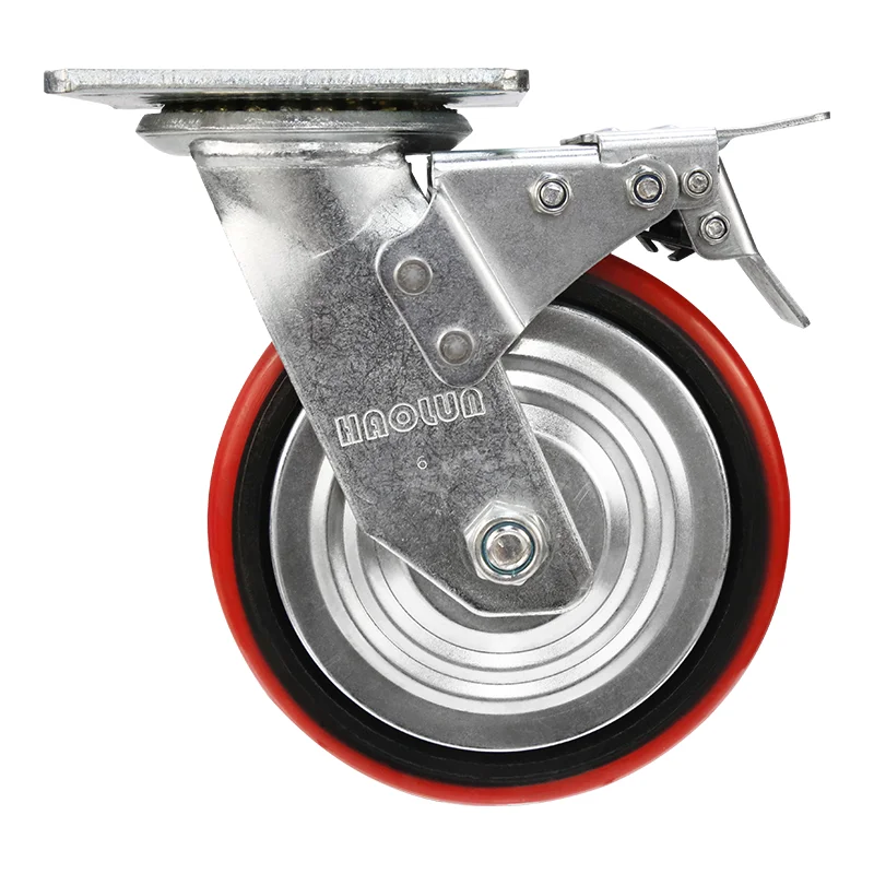 Uholan PU Heavy Duty Swivel Double Ball Bearing Caster with Brake Own Manufacturer Cast Iron Core Industrial Wheel Caster