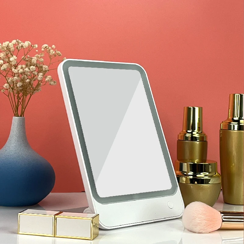 Support Adjustable Mini Mirror Square shaped LED Light Screen Touch Table Vanity Mirror with Foundation