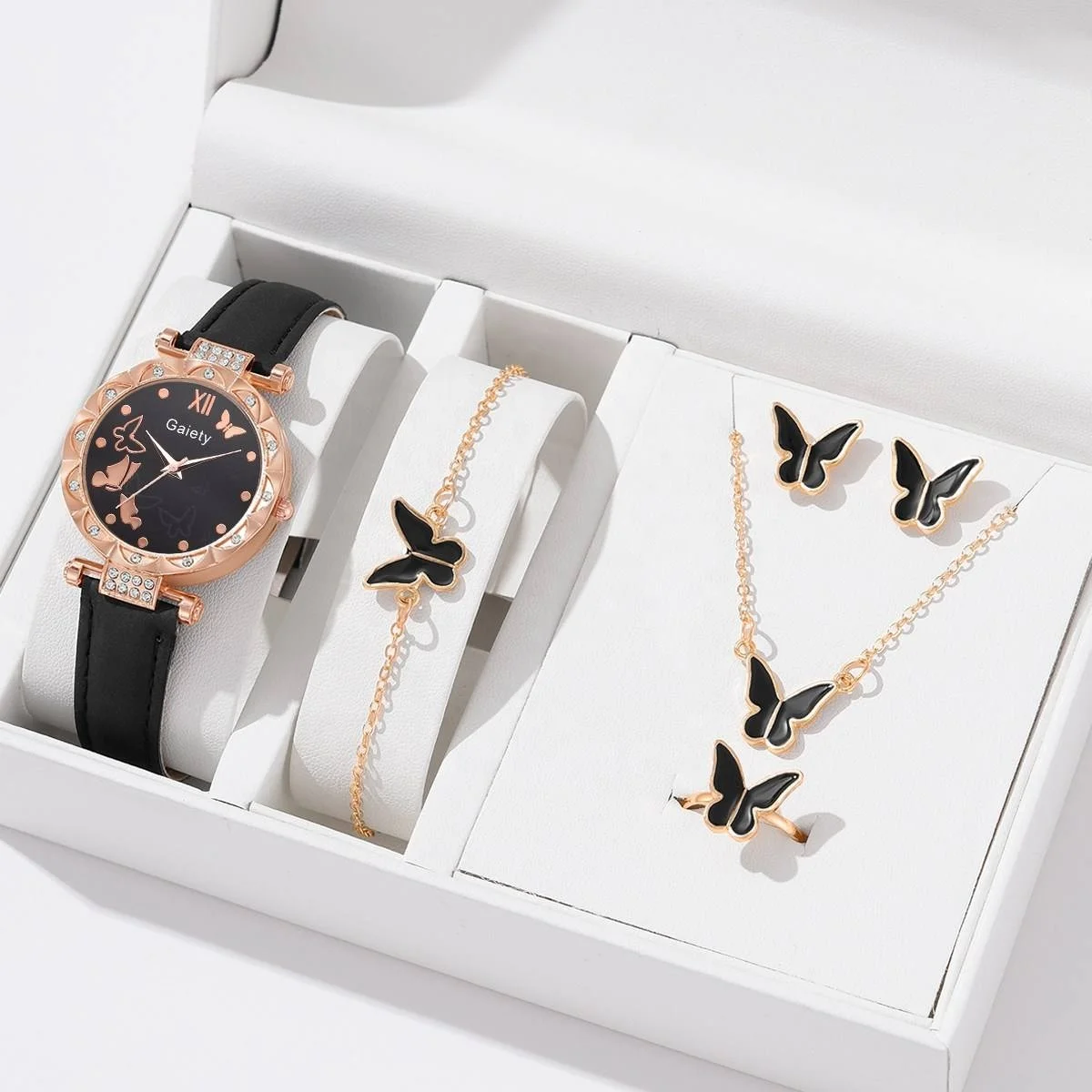 6pcs Luxury Watch Women Ring Necklace Earrings Bracelet Set Watches Butterfly Leather Strap Ladies Quartz WristWatch