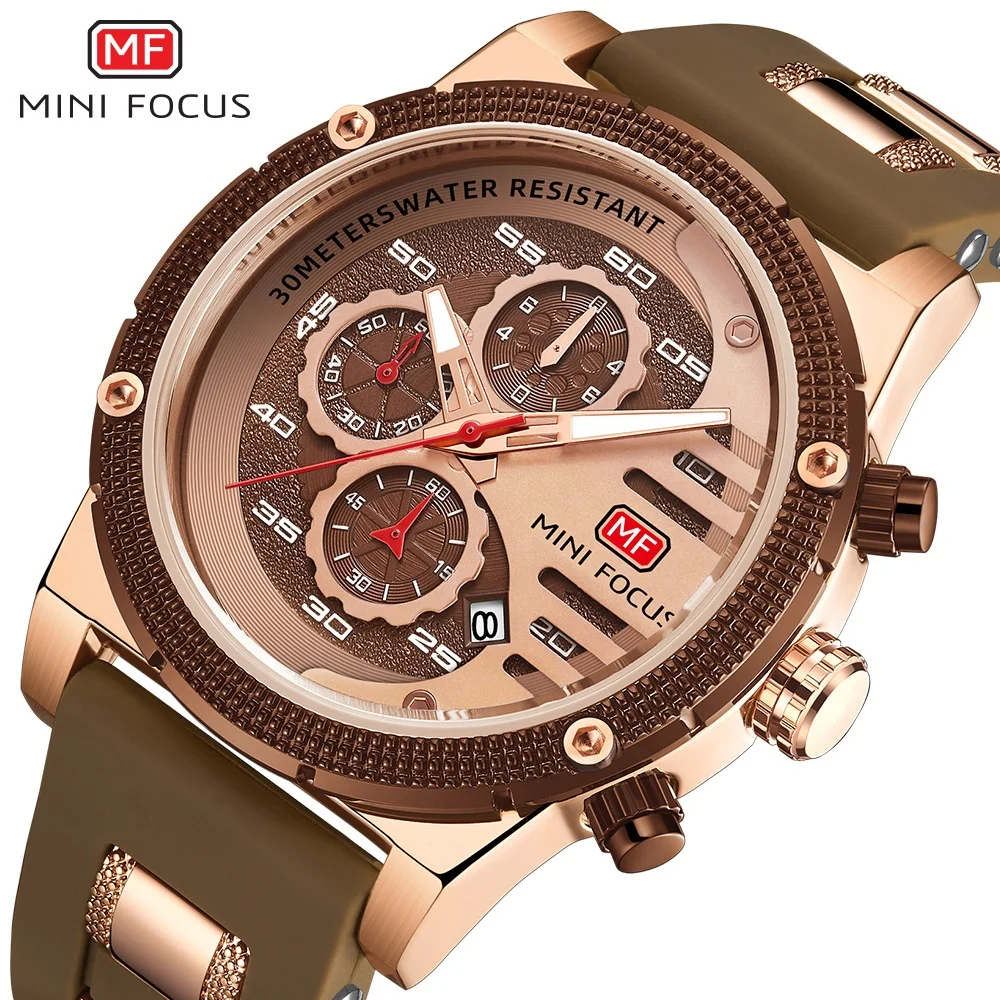 MINI FOCUS  MF0246G Top Brand Luxury Waterproof Clock Brown Leather Sports Wrist Watch Relogio Masculino Quartz Watch For Men