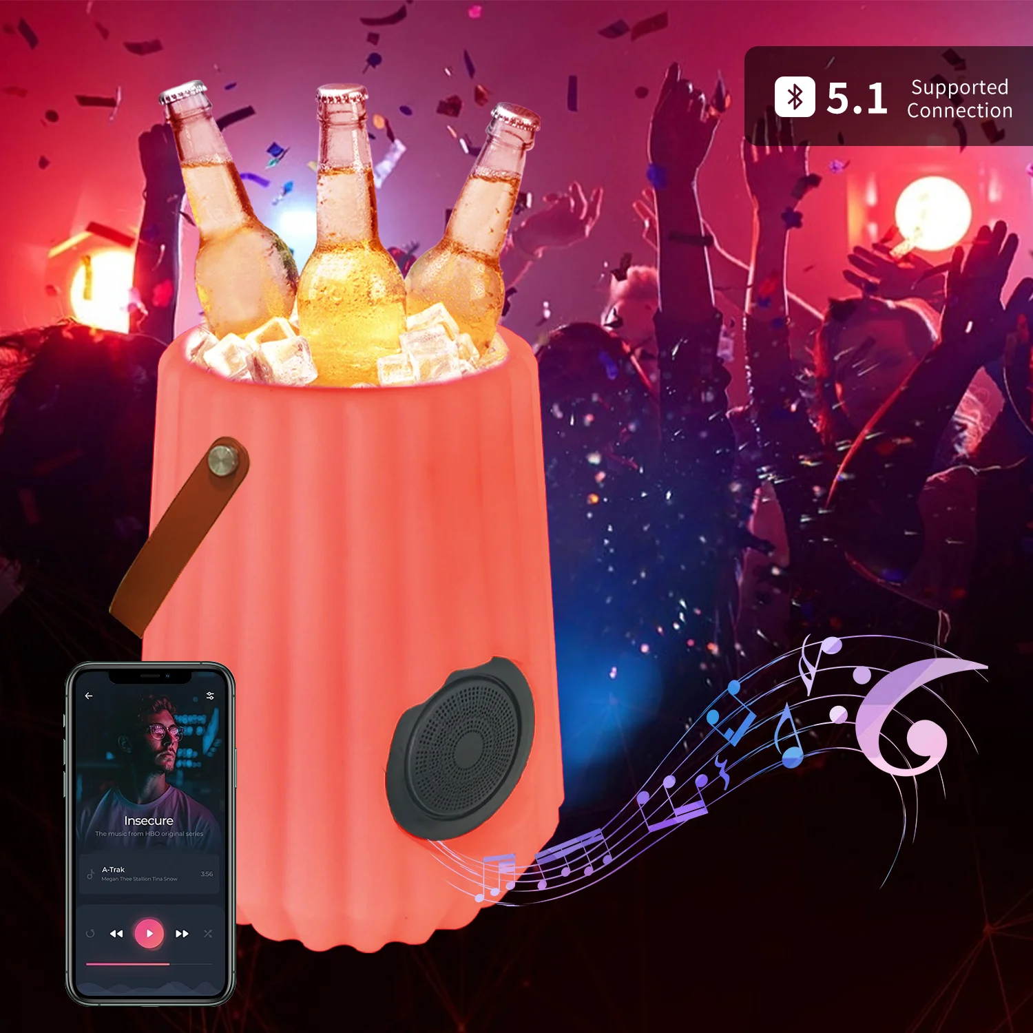 Led Ice Bucket Pe Plastic Waterproof And Durable 6 Bottle Ice Cooler Buckets BT Speakers For Party