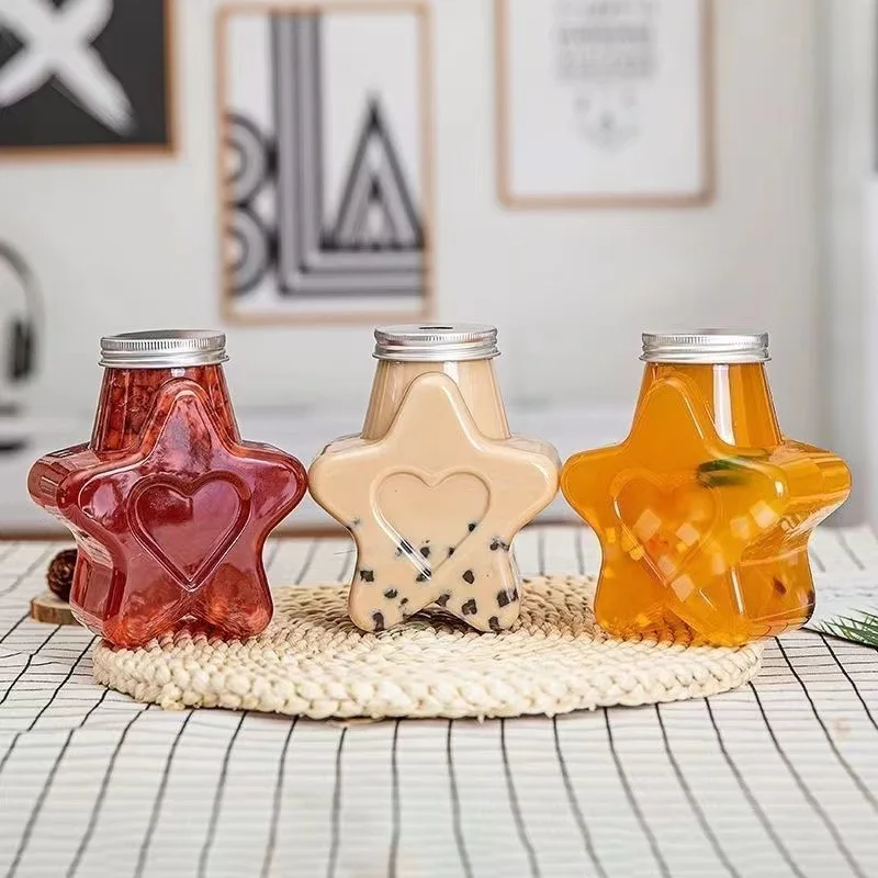Cute Star Shape Pet Bottle for Cold Drink With Aluminum Cap Juice Plastic 250ml 350ml 500ml Food Cartons Screen Printing