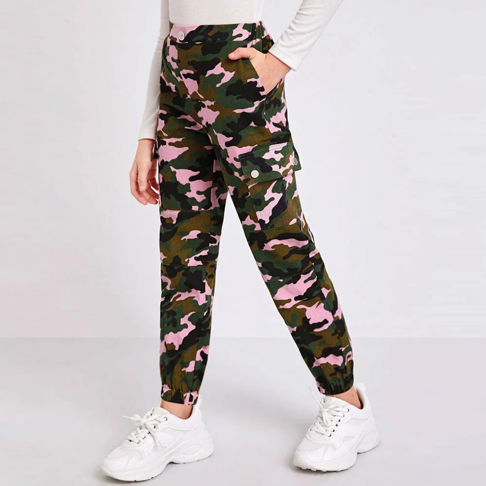 Custom Cargo Pants Full Length Tween Girl Flap Pockets Side Camo Pants Camouflage for Kids