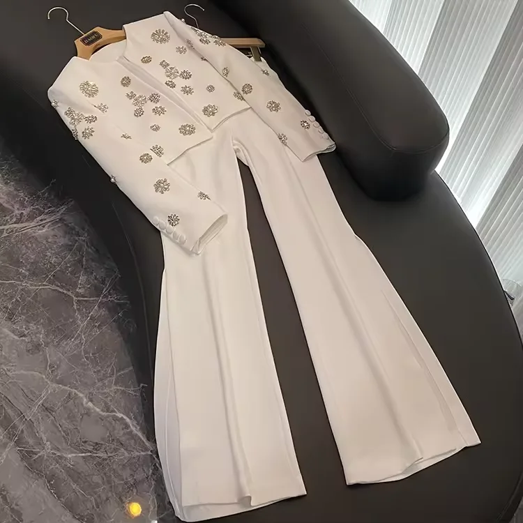 Luxury Women Sets Fine Workmanship Beads Rhinestone Lady Suit Short Length Coat Slit Wide Leg Pants White Women Two Piece Set