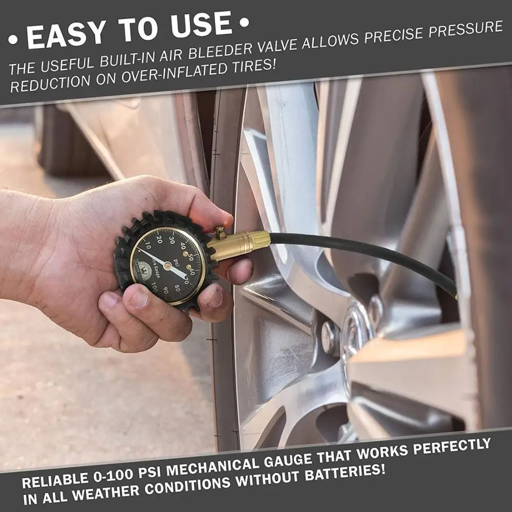 Tire Pressure Gauge 100 PSI - Accurate Heavy Duty Air Pressure Tire Gauge For Your Car Truck and Motorcycle - 4 Free Valve Caps