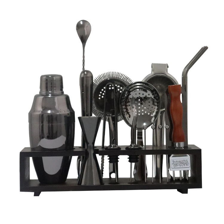 
bartender kit Bamboo Stand Mirror Cocktail Shaker Set Stainless Steel Twenty-Piece Set Bar Set 