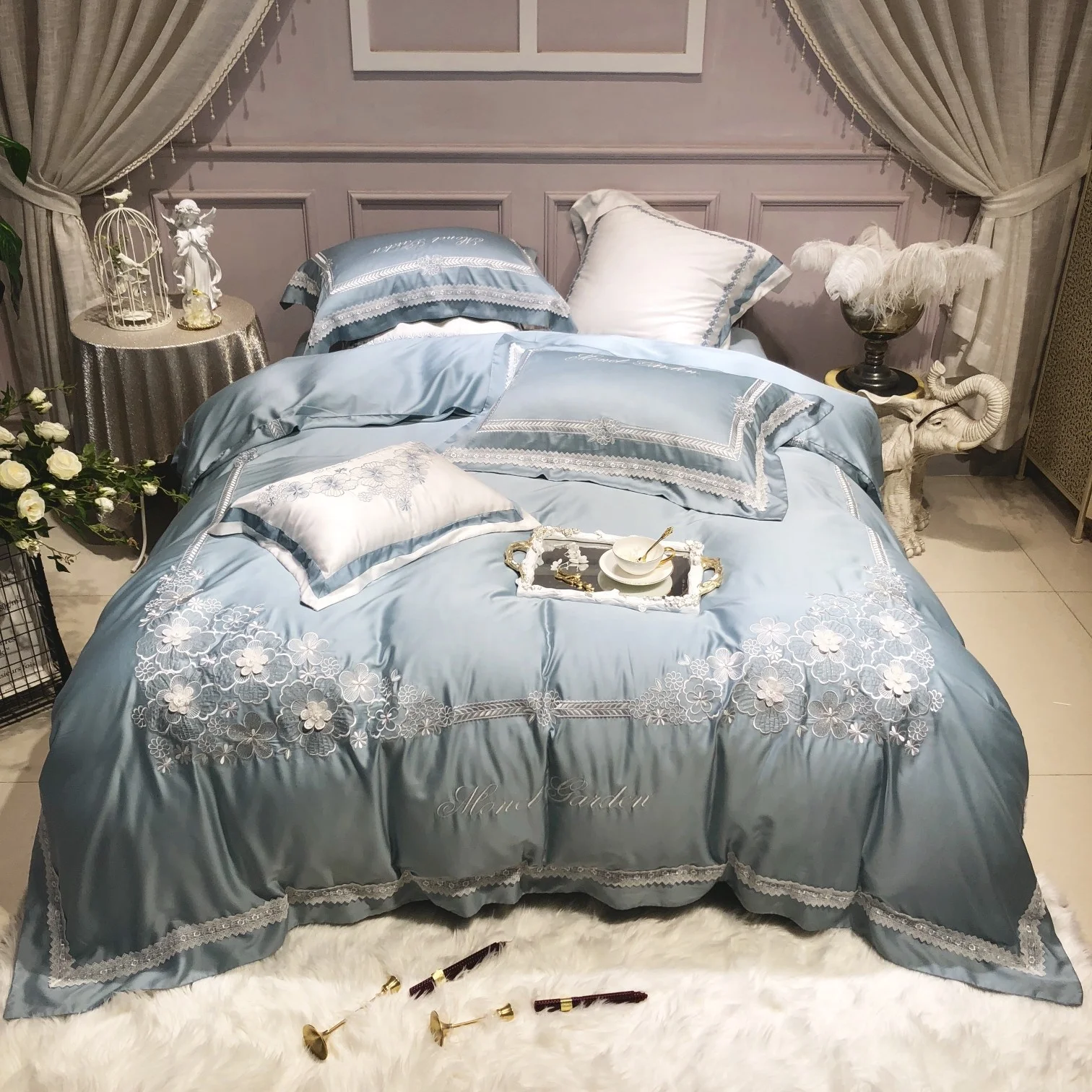 
Italian high-precision embroidery luxury lace patchwork floweral duvet cover bedding set wholesale 