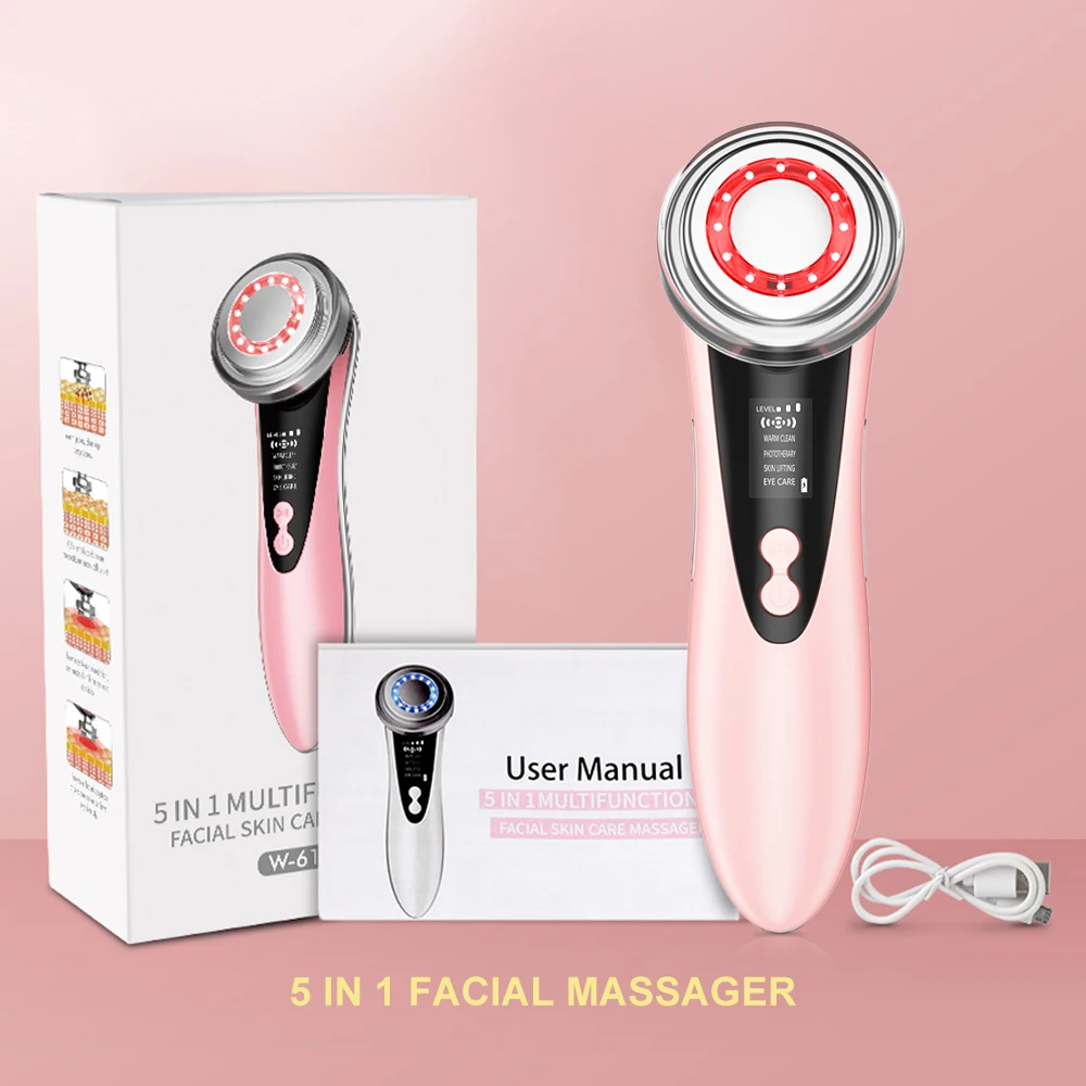 Home Beauty Device 5 In 1 Led Red Blue Light Therapy Microcurrent Face Vibration Electric Massage Face Lifting Facial Massager