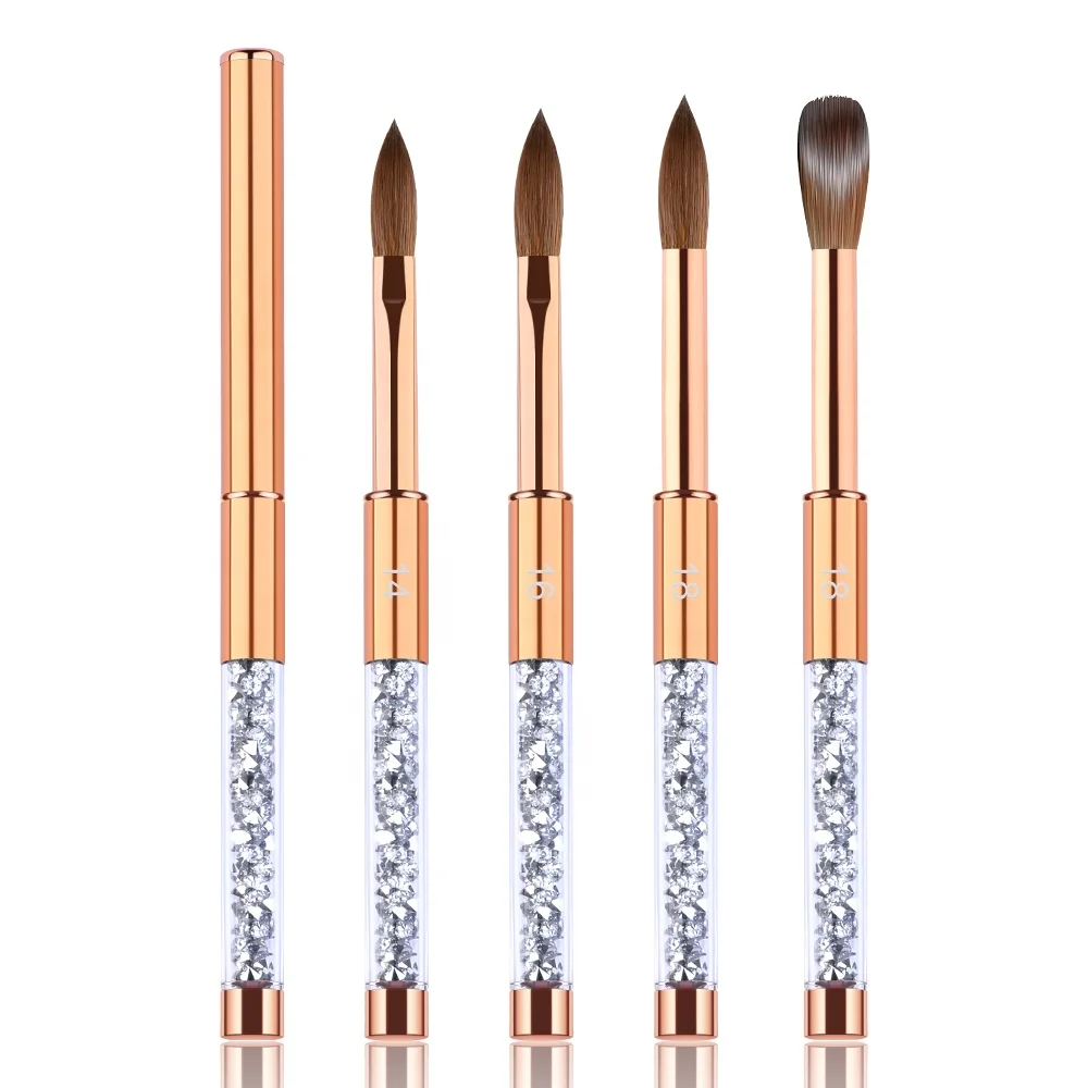 Rose Gold Diamond Handle Kolinsky Acrylic Nail Brush Crimped Size 14 16 18 Nail Powder Brush for Nail Art Manicure Brush Tool