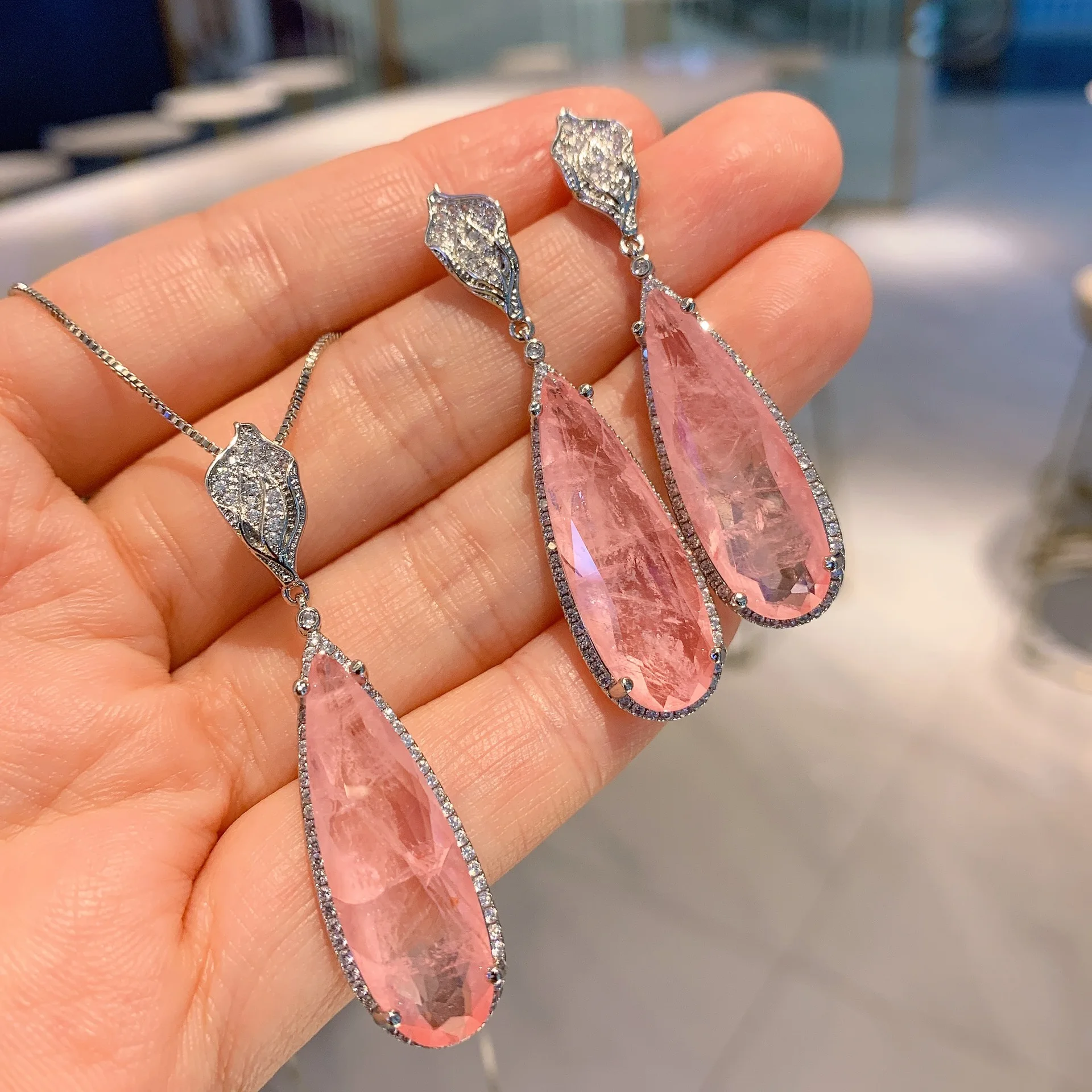 Серьги с подвеской в виде порошка Paraiba Моргана комплект ювелирных изделий высокого качества розовыми бриллиантами Женский из