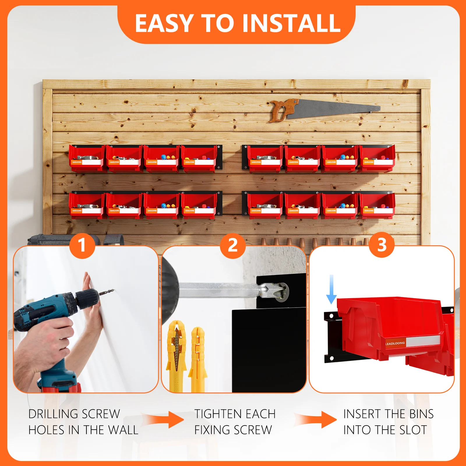 LEADLOONG Red Metal Durable Wall Mount Organization 49.7*11.4 CM/19.6*4.5 INCH Plastic Garage Part Organized Parts bin with Rack