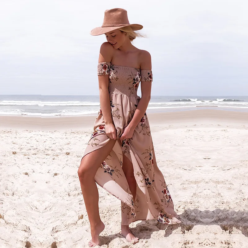 Boho style long dress women Off shoulder beach summer dresses Floral print Vintage chiffon white maxi dress vestidos de festa