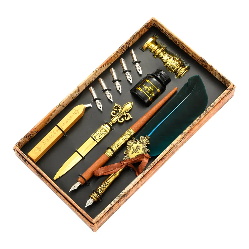 Calligraphy Pen Set Vintage Feather Fountain Pen Gift Set with Seal Wax Stamp
