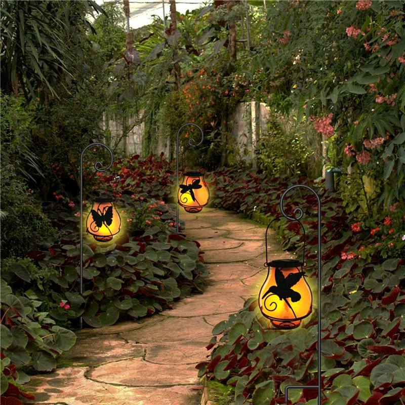 Solar Power Waterproof Metal Craft Butterfly Dragonfly Bird LED Lantern Vintage Style Iron Hanging Yellow Flame Light for X-mas
