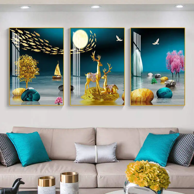 Wholesale Framed Wall Art Painting Modern Luxury Decoration Painting Design Crystal Porcelain Painting 3 Pcs In A Set