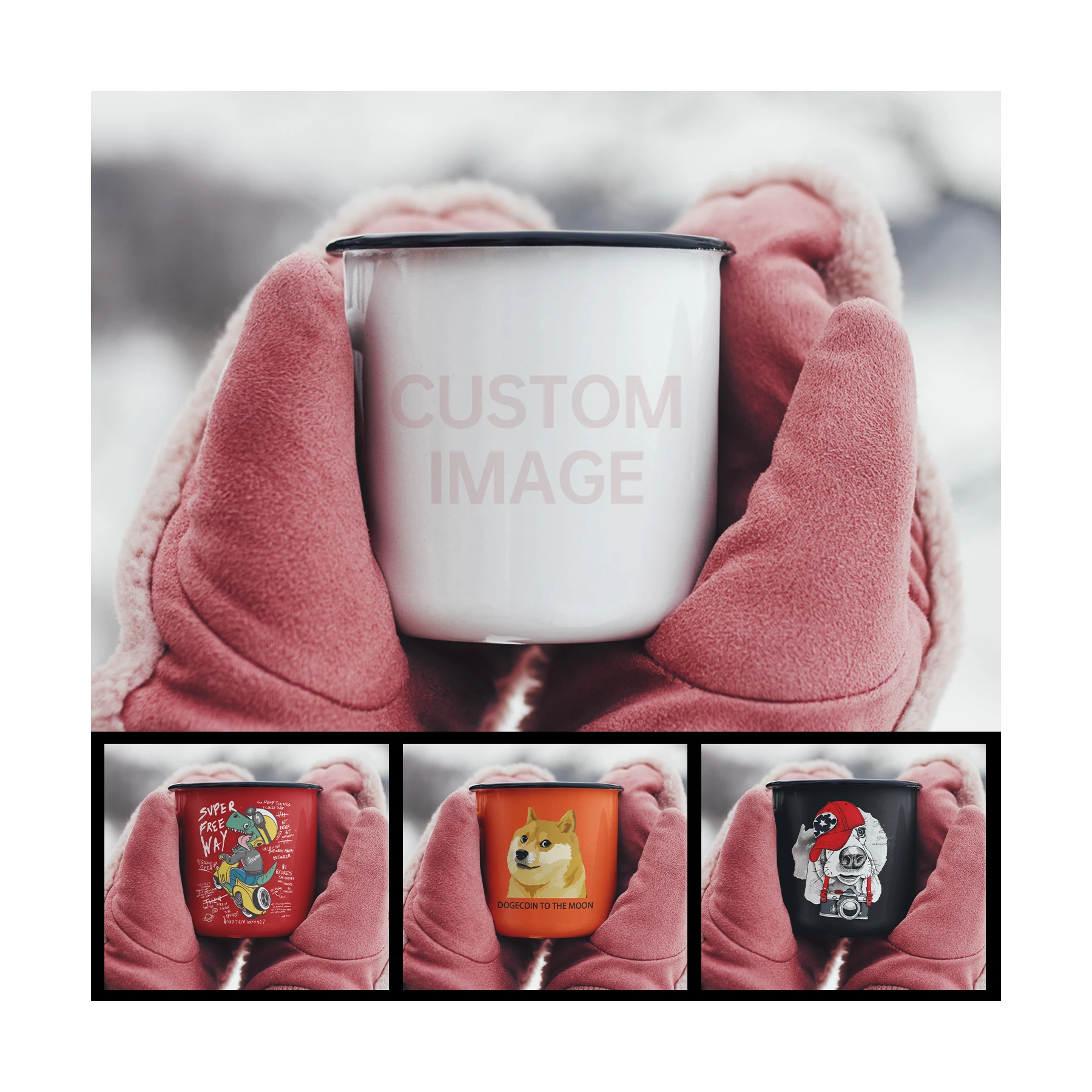 Vintage Souvenir Enamel Coffee Tea Cups with Handle Enamelware Custom Printed Enamel Outdoor Camping Campfire Retro Mugs
