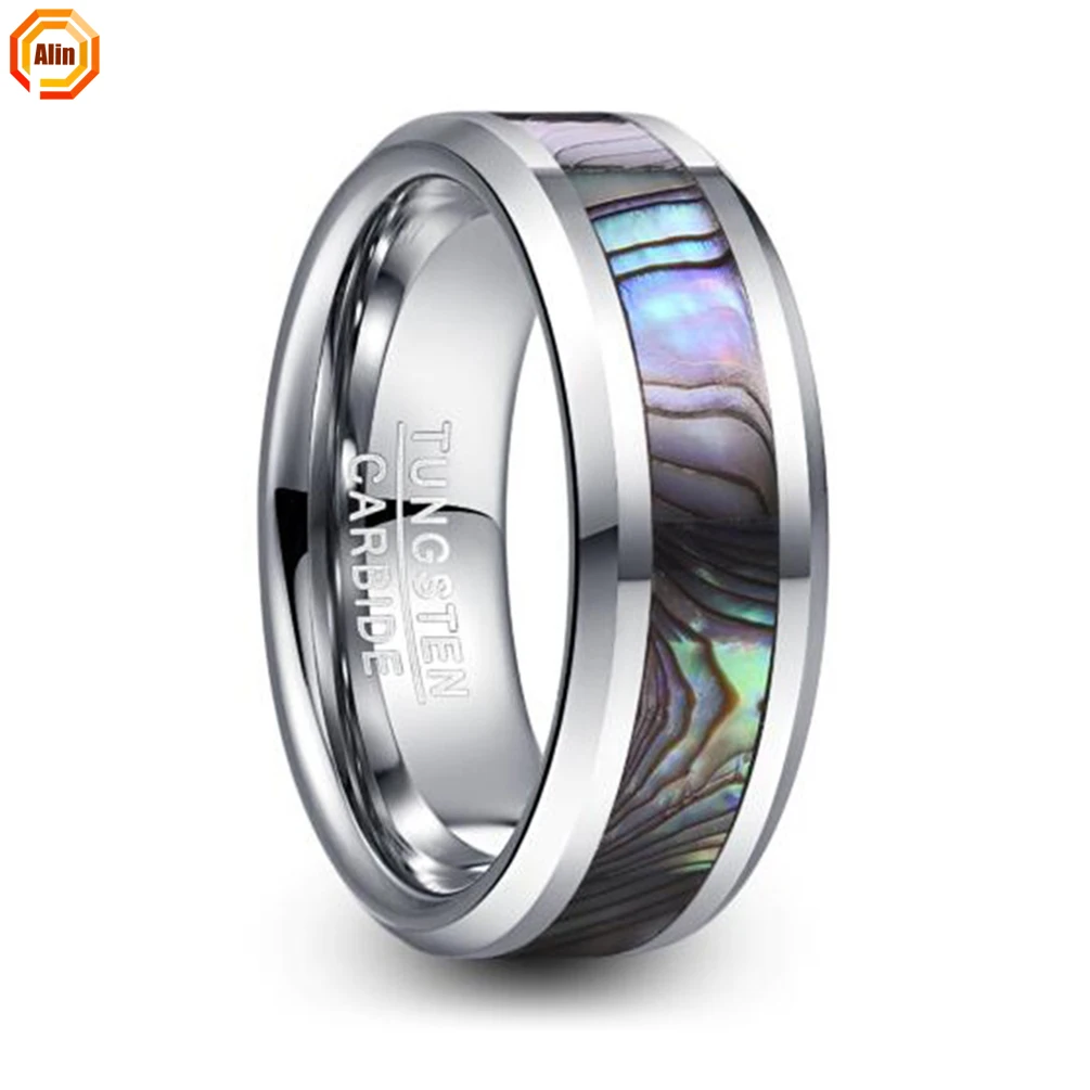 China Wholesale 8MM Silver Color Brushed Matt Surface Polish Inside Inlay Abalone Opal Mens Tungsten Carbide Rings