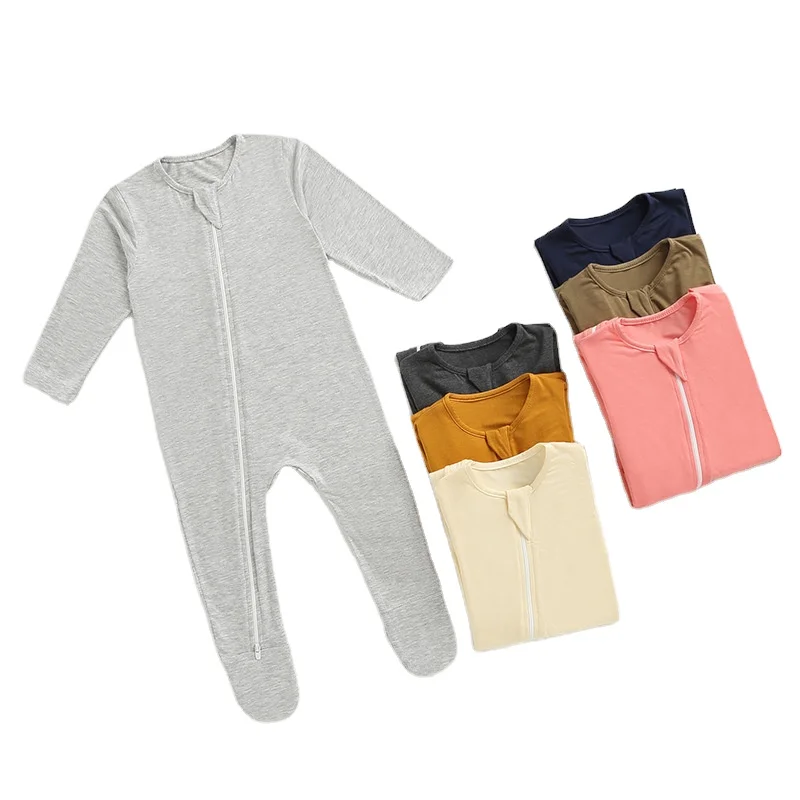 customization solid bamboo fiber breathable long sleeve Autumn zipper foot cover baby rompers