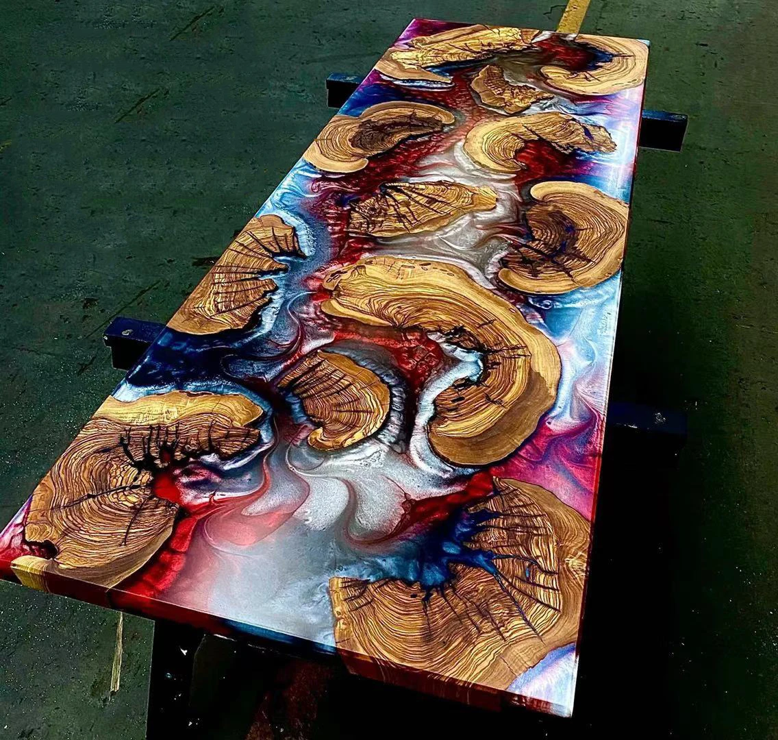 Modern Woodworking Solid Wood High End Special Design Dinner Clear Water Colorful River Epoxy Resin Table