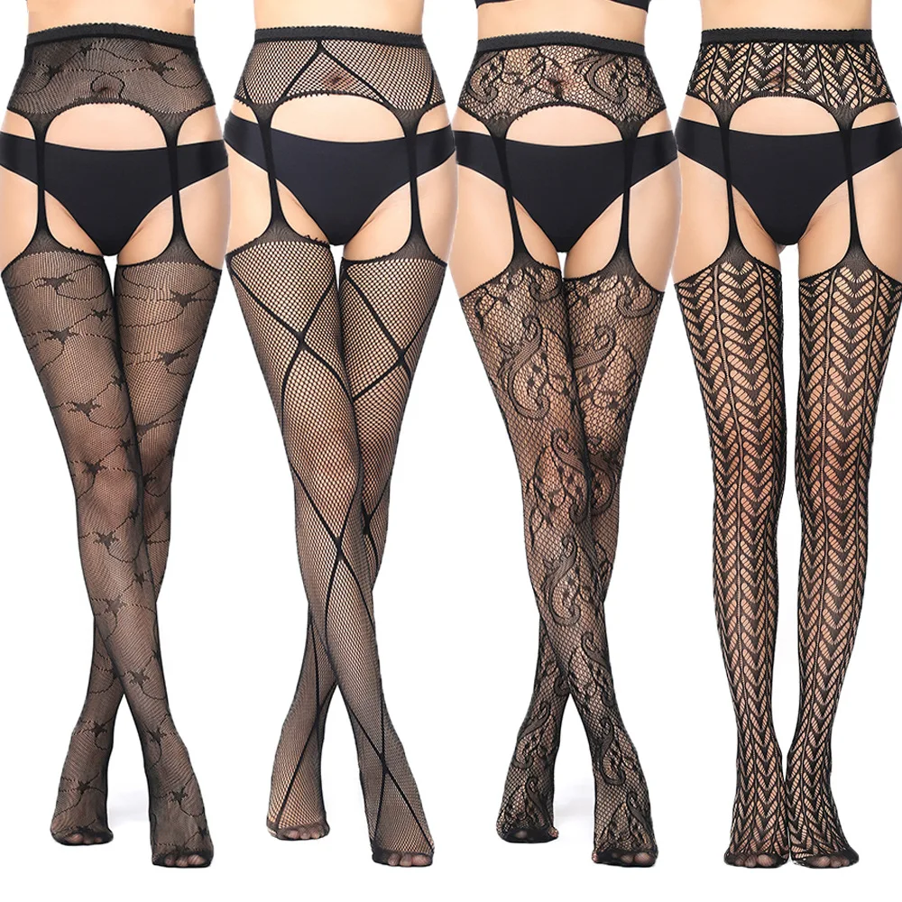 Sexy Fishnet Bodystocking with Garter Straps and Floral Lace Suspender Pantyhose