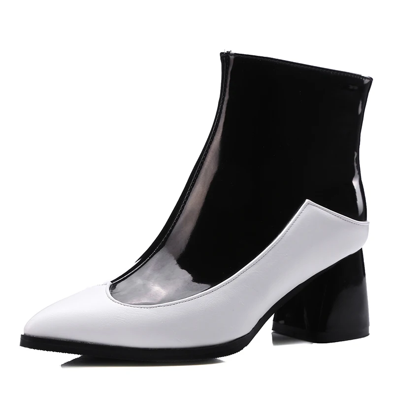 Boots Mixed Colors PU Leather Women Ankle Boots Pointed Toe High Thick Heels Platform Side Zipper Casual Concise Female Shoes 45