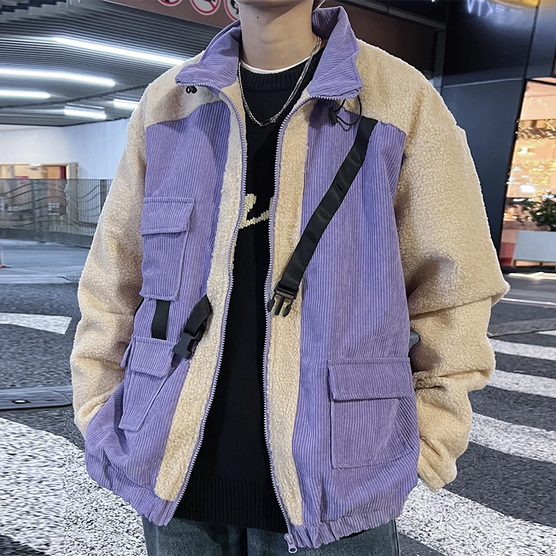 OEM Custom High Quality Buckled Flap Pocket Corduroy Warm Fashion Baseball Academy College fleece Jacket