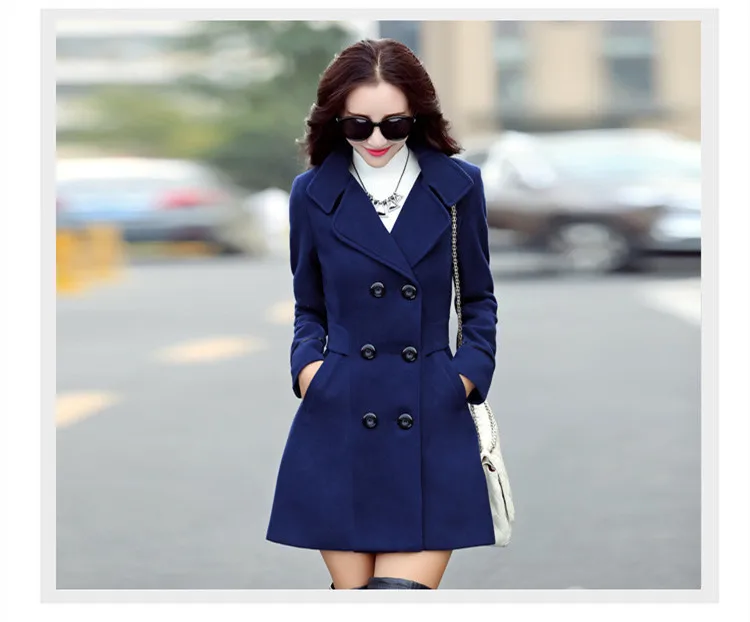 
2019 New Autumn Winter Blends Plus Size Coat Turn-Down Collar Elegant Double Breasted Women Long Coat Female Casual Coat Tops 