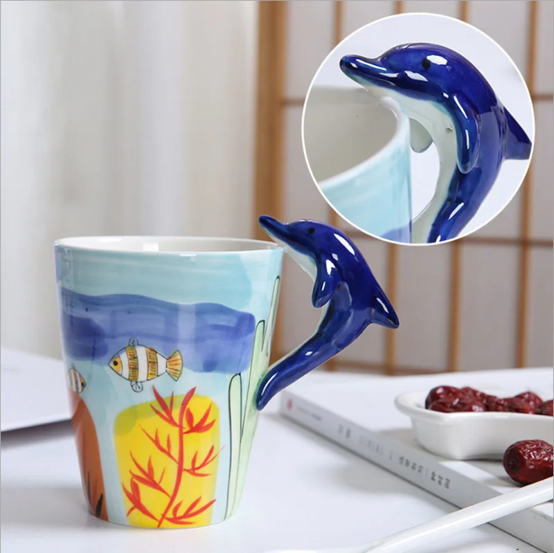 Creative 3d design ceramic coffee mug sea animal Dolphin Hippocampus Crab Lobster Whale