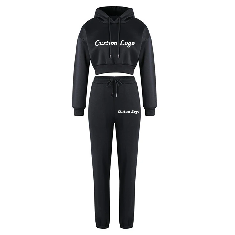 Custom Logo High Quality Gym Cotton Fleece Crop Top Jogging Suits Sweatpants And Hoodie Women Sweatsuit Tracksuit 2 Piece Set