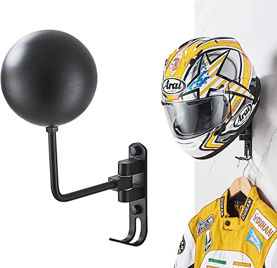 Wall Mount 180 Degree Rotation Motorcycle Helmet Rack Holder Helmet Hanger with Double Hook for Coats, Hats,Helmet