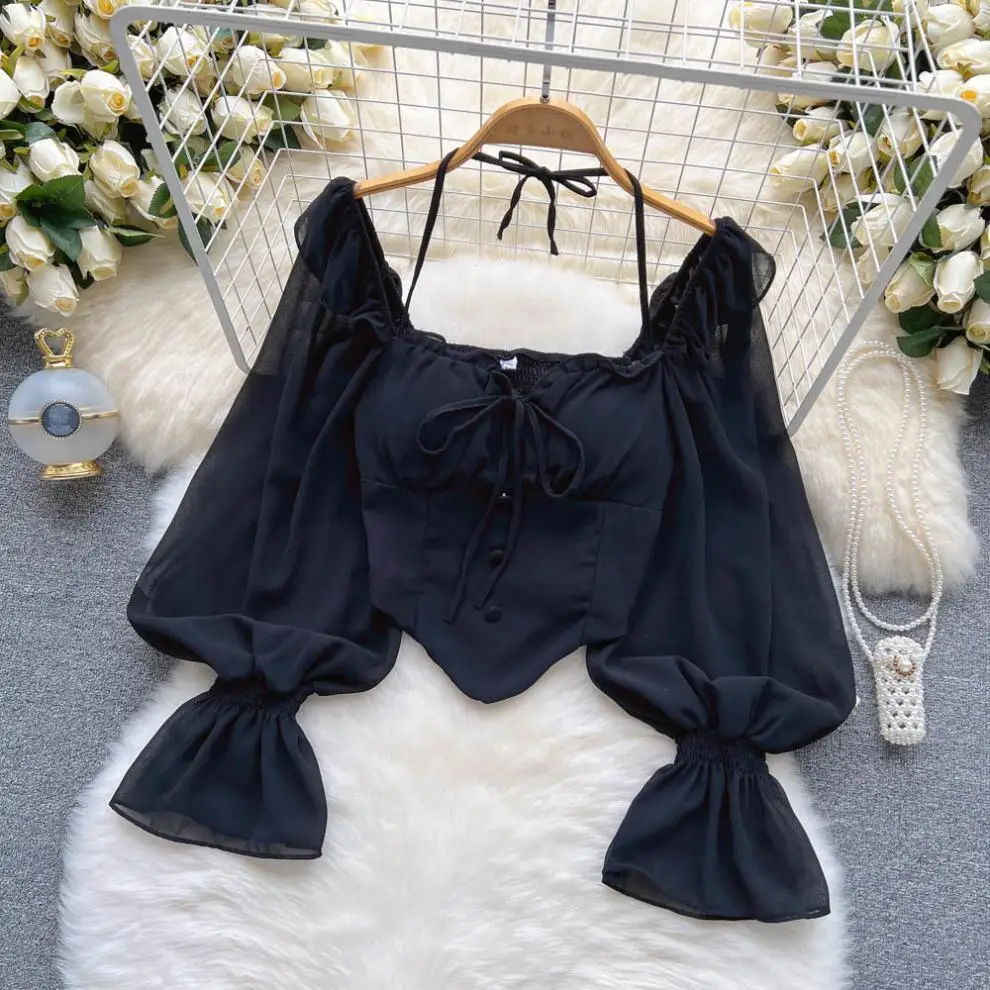 Liu Ming Fashionable Summer Sexy Flare Sleeve Ruffle Halter Backless Chiffon Slim Short Blouse