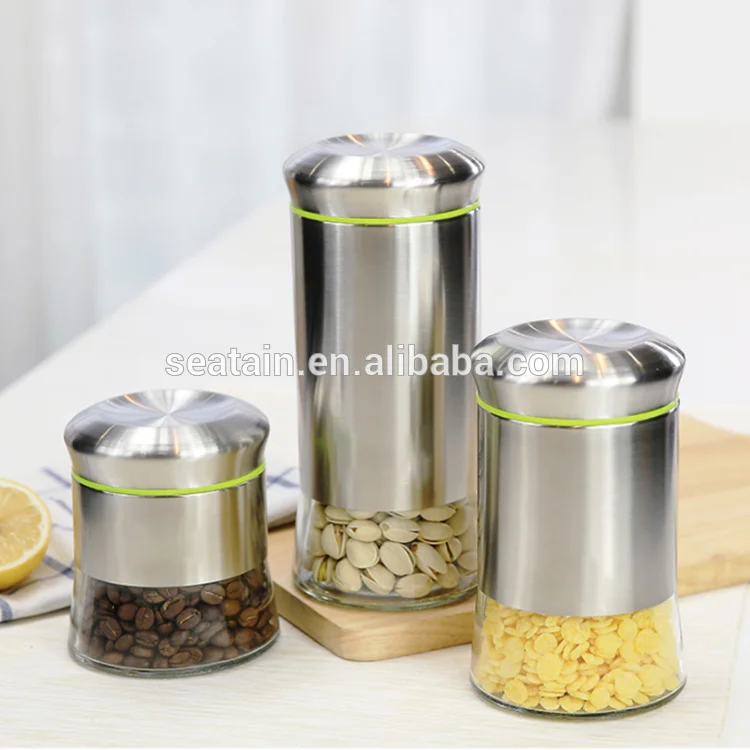 stainless steel coating glass food sugar tea coffee container storage jar with lid