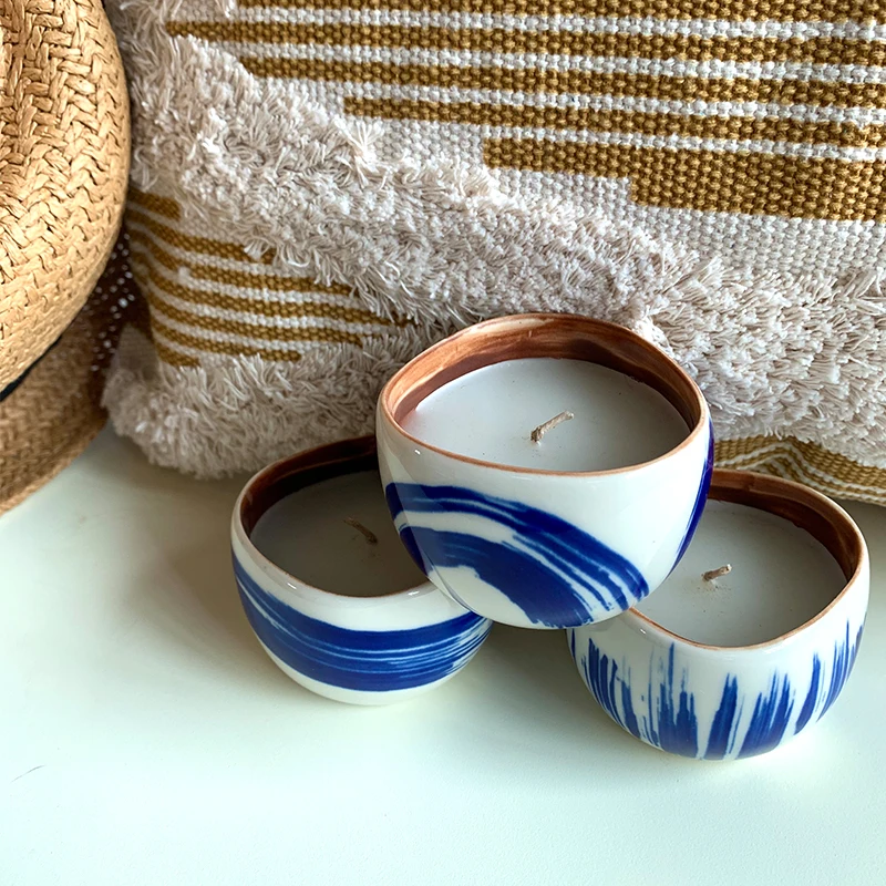 modern hand-painting blue design ceramic candle holder home decor candle cup