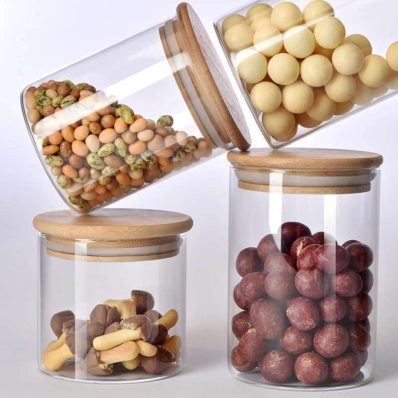 Wholesale Eco-friendly High Borosilicate Food Airtight Kitchen Glass Bottle Spice Storage Container with Bamboo Wooden Lids
