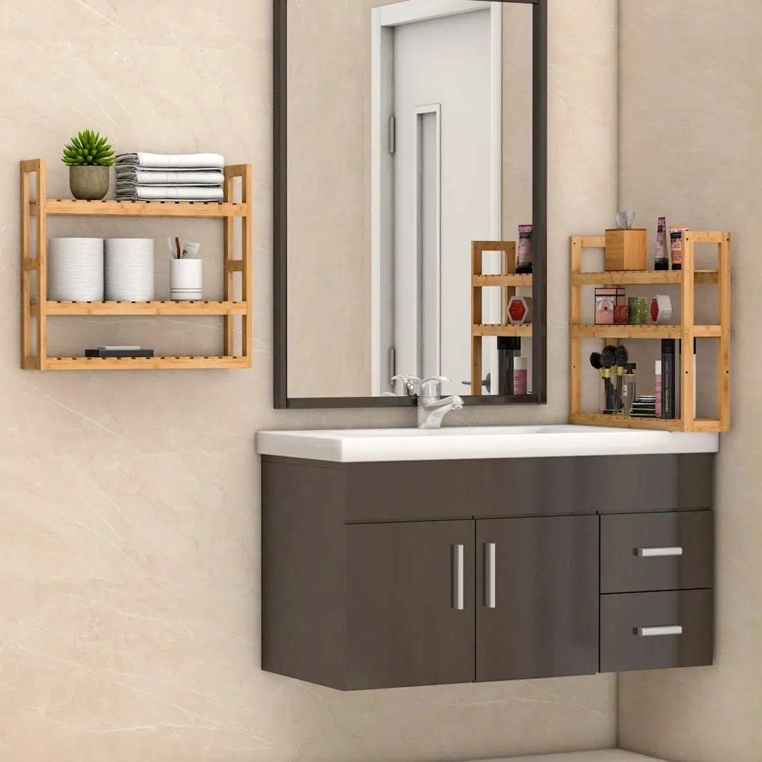 LOW MOQ Eco-friendly Choice Sturdy Bamboo wall shelf wooden for Living Room Decor