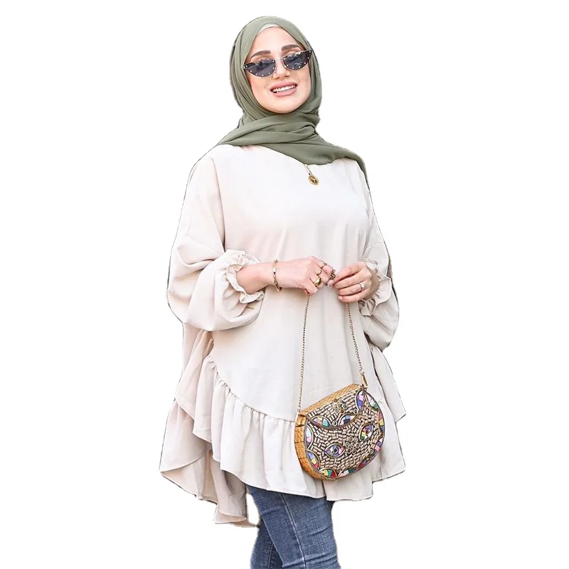 Dubai Islamic High Quality O Neck Lantern Sleeves Ruffles Hem Solid Blouse Tops For Muslim Women