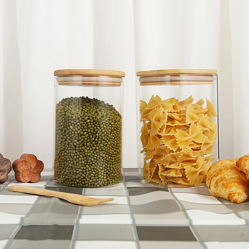 Airtight Sealed Ring Storage Bottle Glass Jar Wooden Lid Kitchen Food Storage Glass Bottle Transparent Storage Jars & Bottles