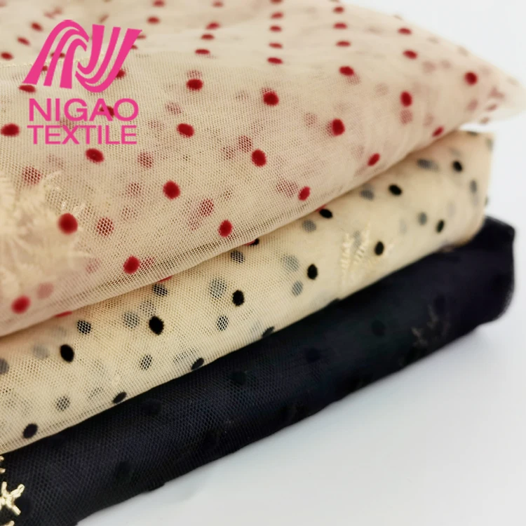 New design embroidery tulle fabric Custom color Flocked voile lace fabric for Ladies dress