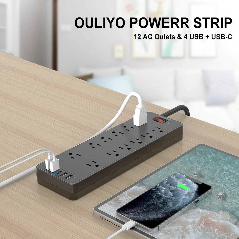 5USB 12 AC outletspower полосы от перенапряжения переменного тока настенного крепления 15A защита от перегрузки розетки с USB C 6ft удлинитель