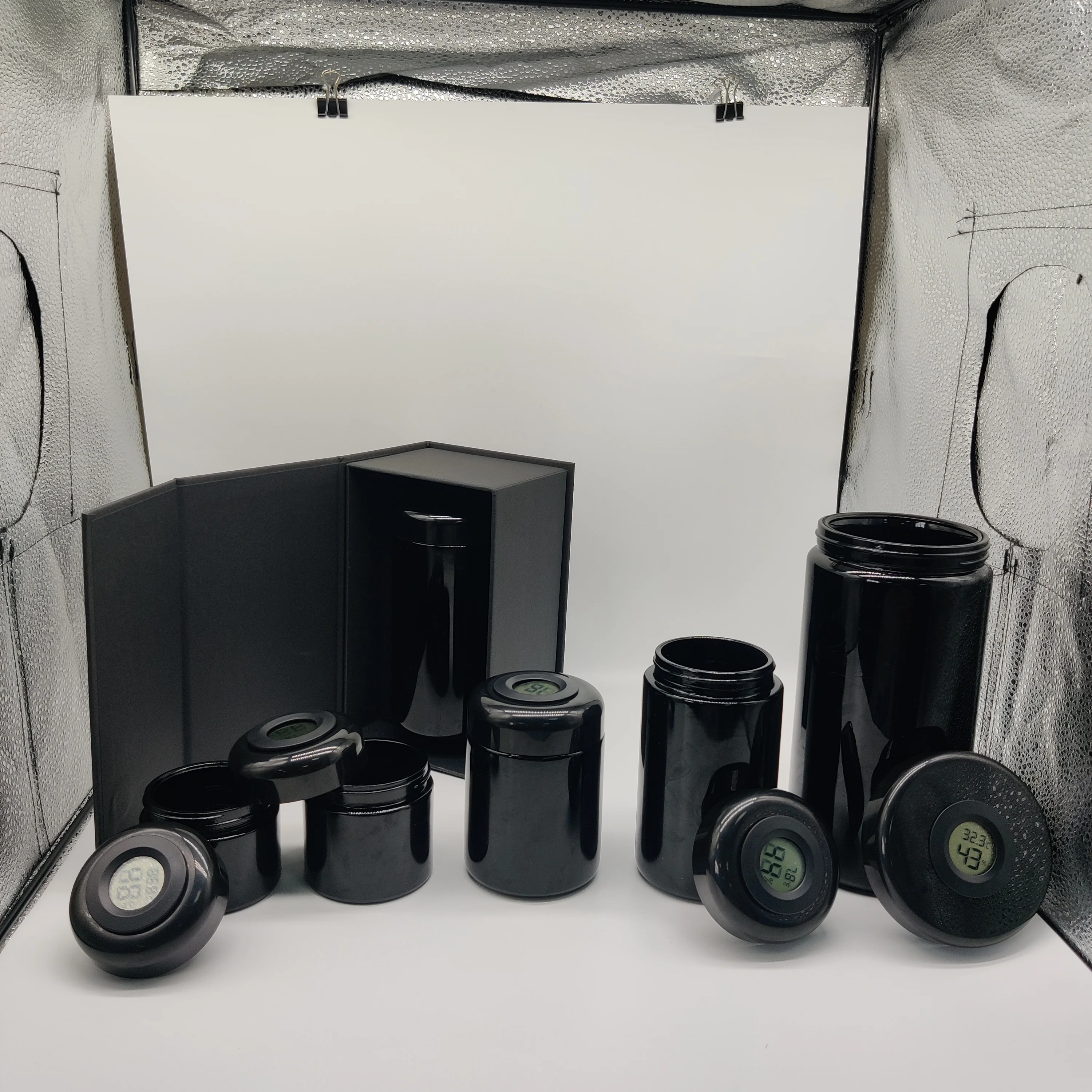 Spice Storage Jar Kitchen Humidity  Temperature Digital Sensor smell proof black UV glass jar for herbs spices coffee dried food